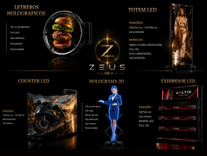 Línea de equipos LED y hologramas: letreros holográficos, tótem, counter y holograma 3D